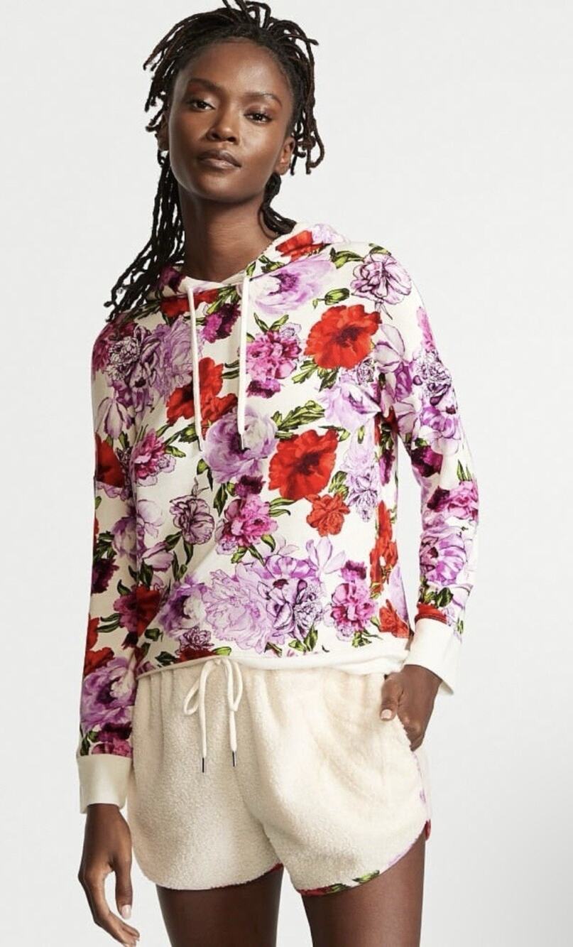 Victorias Secret Floral Sherpa Set — Hoodie XL Shorts L Cozy Matching Loungewear